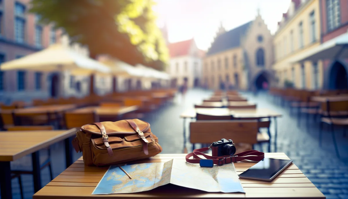 Traveler's backpack and paper map on wooden café table with European city square and historic buildings in the background