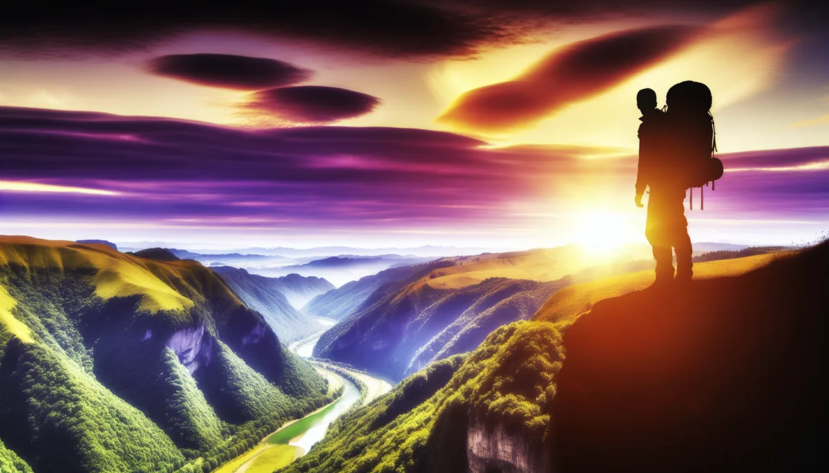 Traveler silhouette standing on mountain cliff overlooking a scenic valley with rolling hills and river during golden hour
