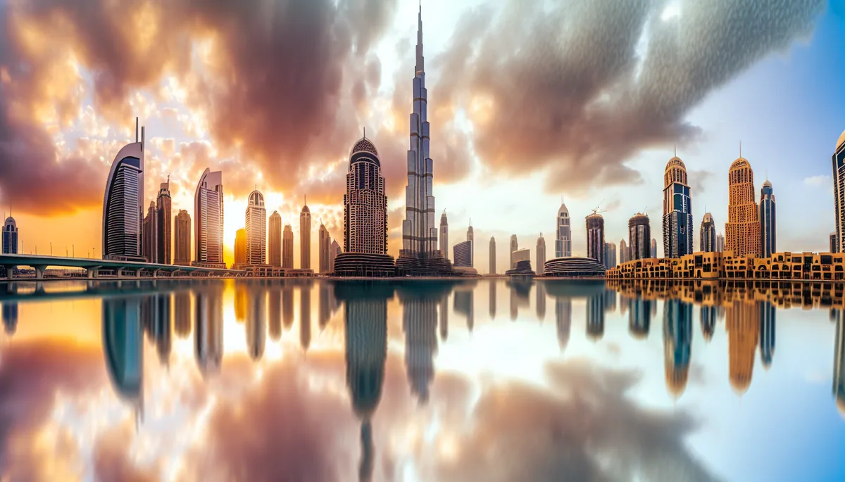 Dubai skyline featuring the Burj Khalifa and modern skyscrapers reflected in water during golden hour with warm lighting
