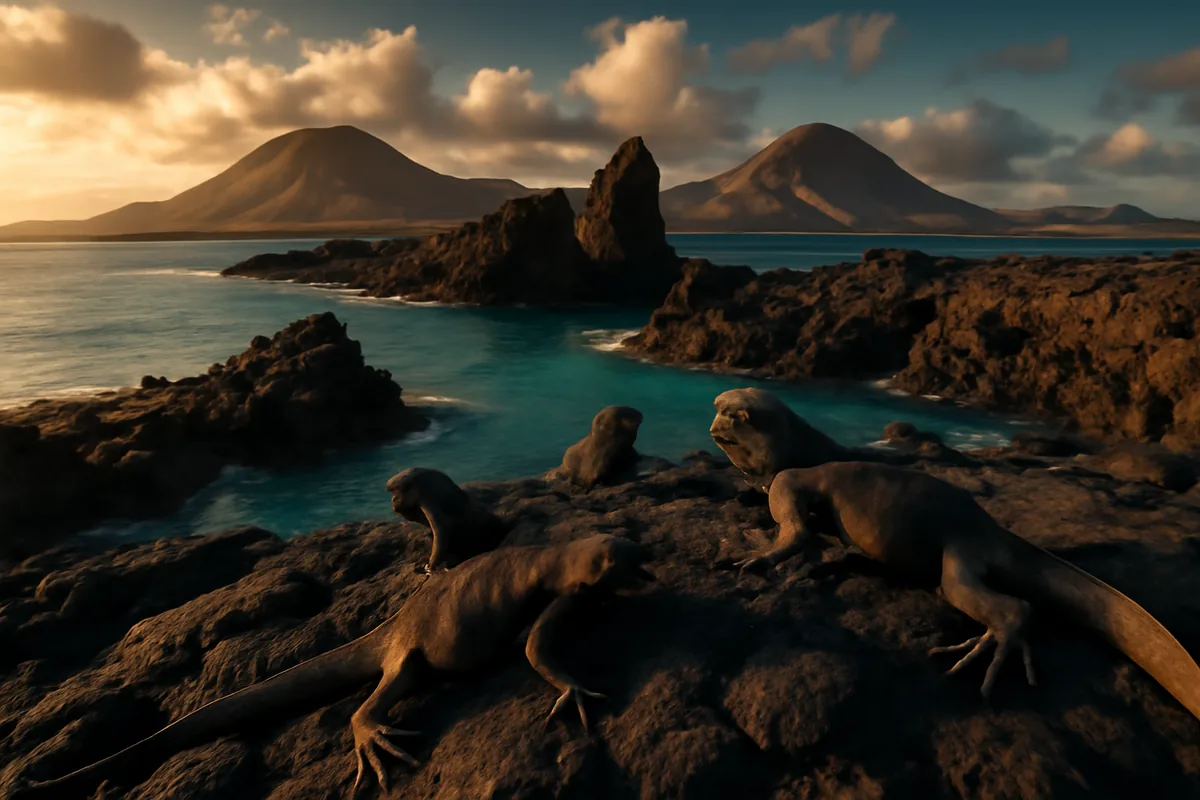 Dramatic Galápagos Islands landscape featuring volcanic lava rock formations meeting turquoise Pacific Ocean waters under warm golden hour light, with marine iguanas resting on the rocks.