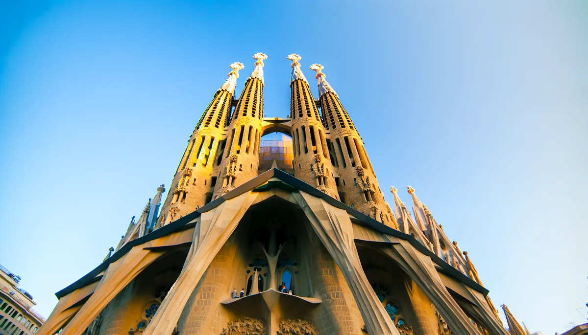 The iconic Sagrada Familia cathedral in Barcelona, Spain, photographed during golden hour with its ornate spires reaching toward a clear blue sky