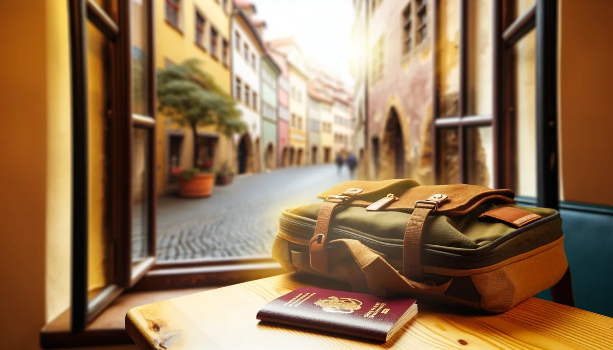 A traveler's backpack and passport resting on a wooden café table with a charming European street scene visible through the window