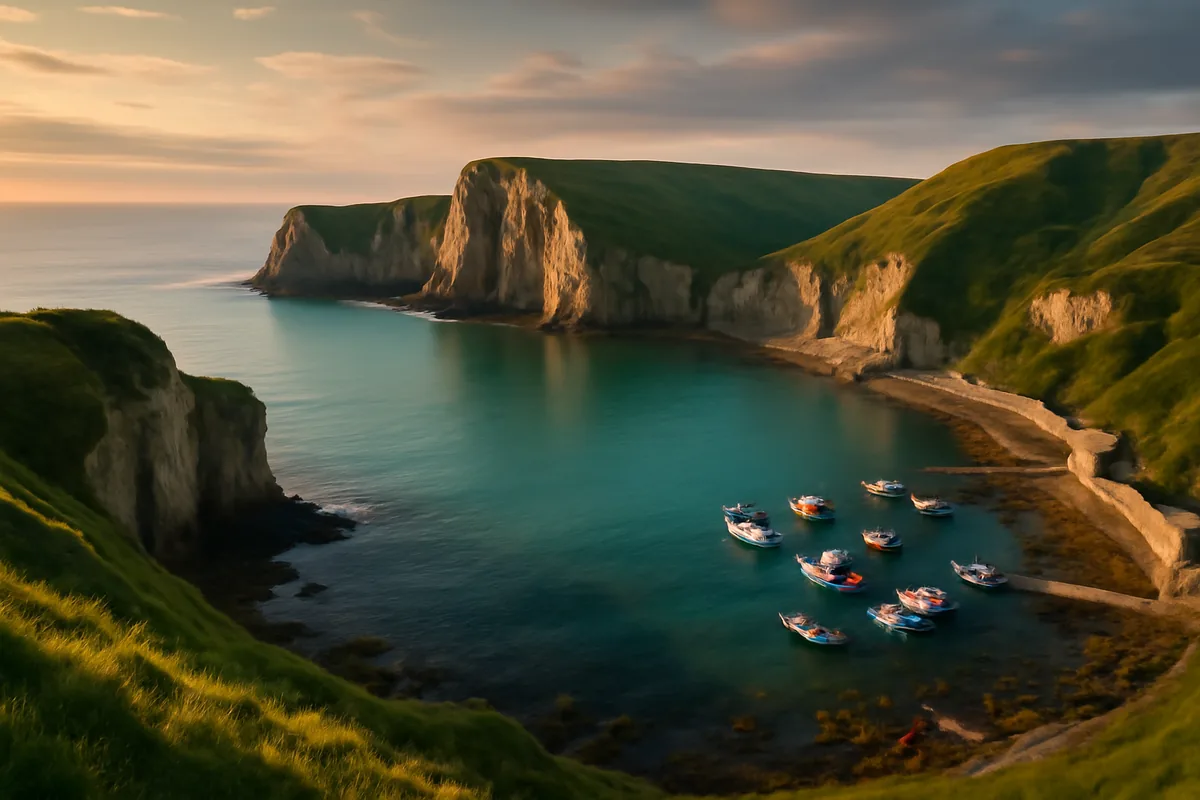Dramatic coastal cliffs and a picturesque harbor bay on the island of Jersey in the English Channel, bathed in warm golden hour light