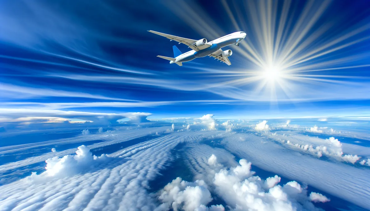 Commercial airplane flying high above white clouds against a deep blue sky with golden sunlight