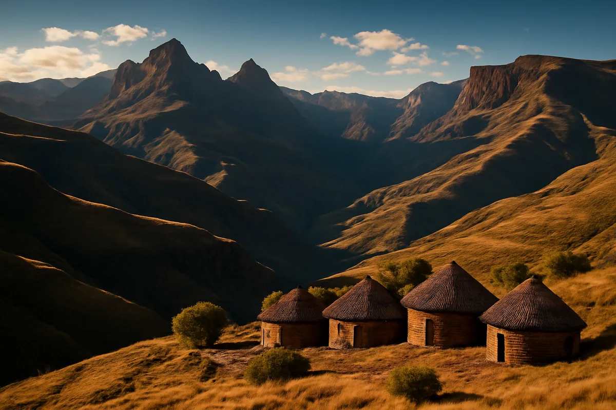 Scenic mountain landscape of Lesotho showing traditional stone huts scattered across rolling highlands under golden hour lighting