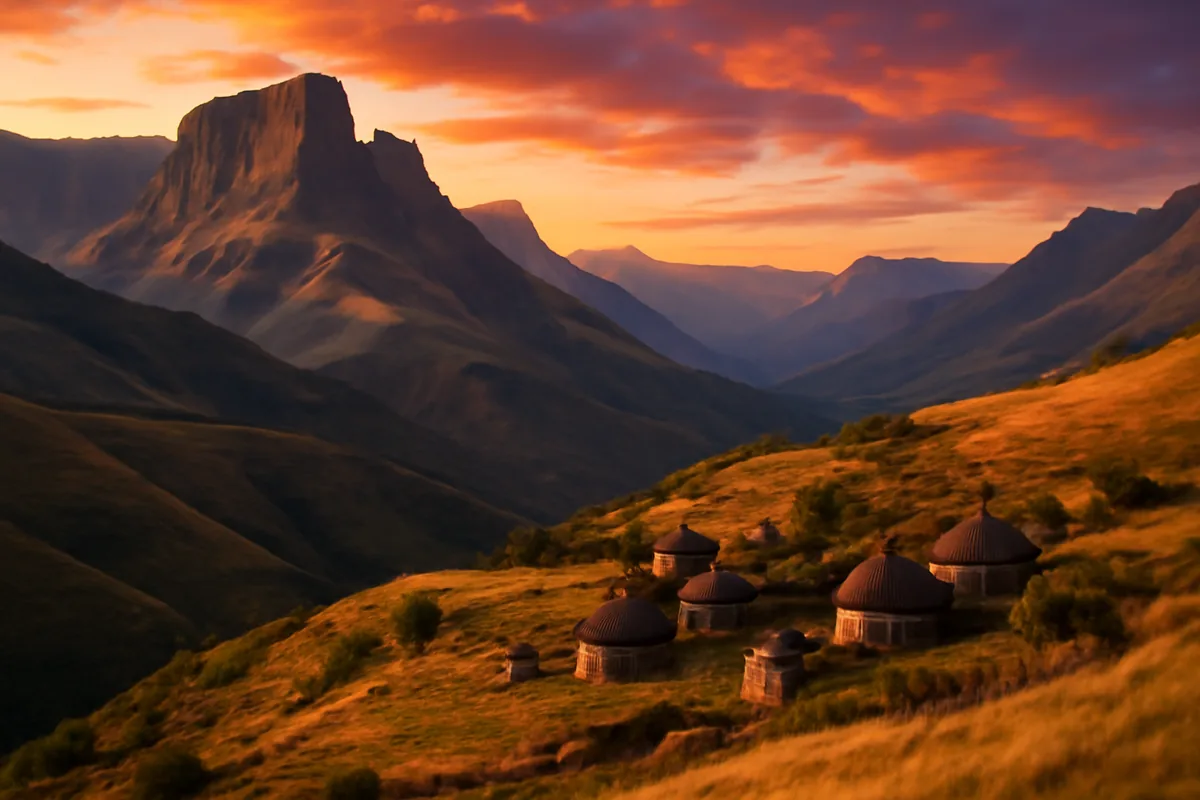 Breathtaking mountain landscape of Lesotho highlands with traditional stone villages scattered across rolling hills under a golden sunset sky