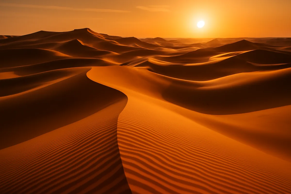 Sweeping view of golden Sahara desert sand dunes in Mauritania with dramatic shadows and warm sunset lighting