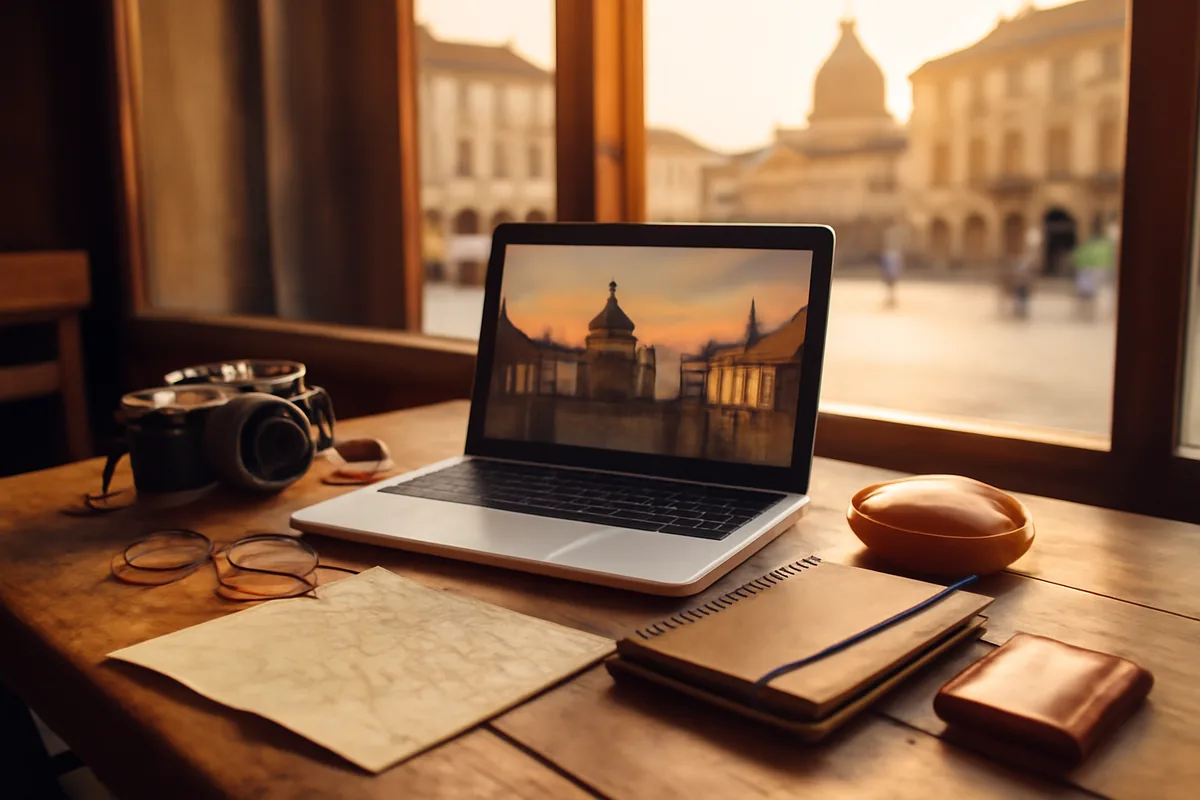 A cozy cafe table with travel accessories overlooking a sun-drenched European city square, bathed in warm golden afternoon light