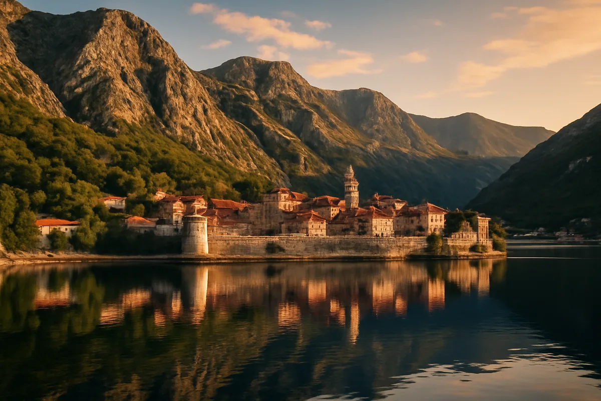 Panoramic view of a historic walled coastal town surrounded by dramatic limestone mountains meeting a calm, deep-blue Adriatic bay at golden hour