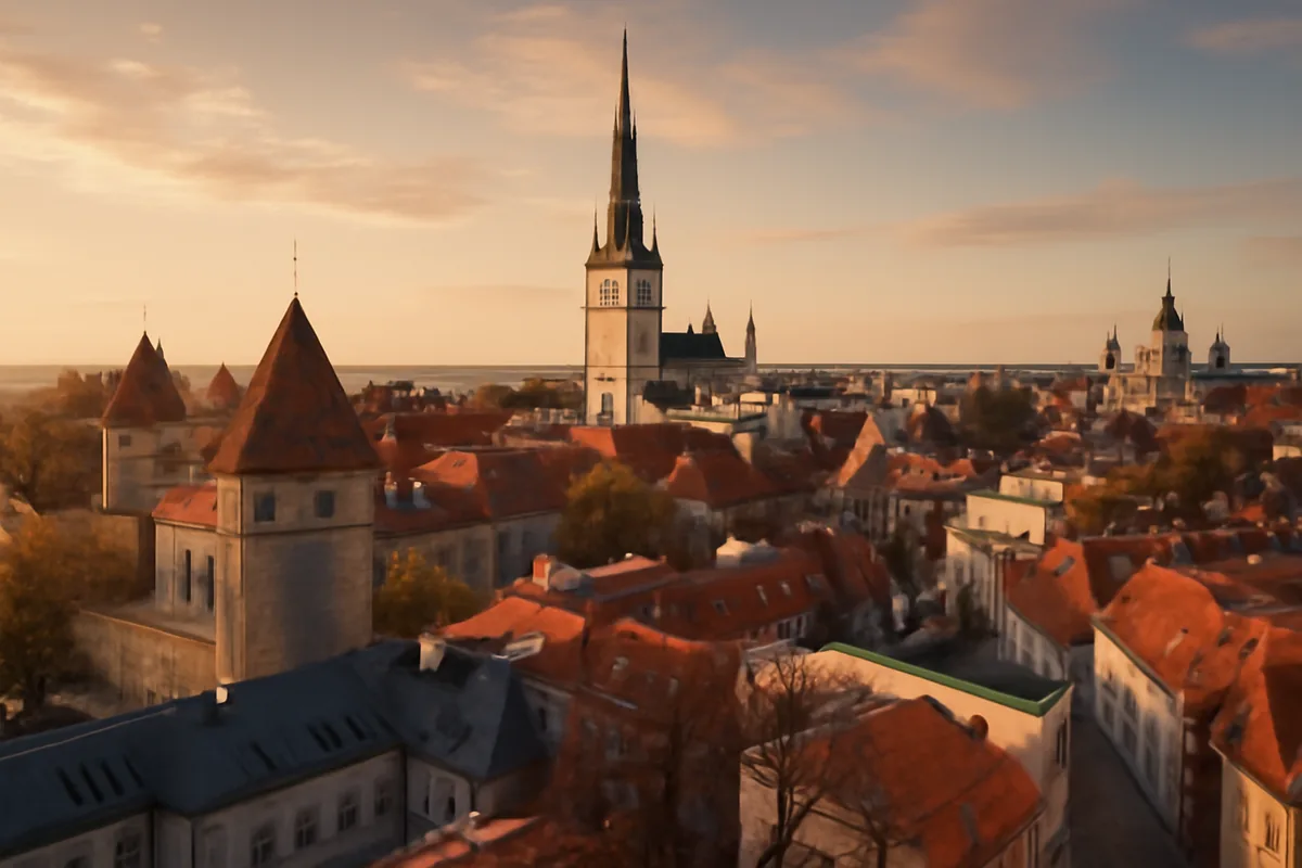 Panoramic view of Tallinn's medieval Old Town featuring colorful historic buildings, cobblestone streets, and traditional Baltic architecture under golden hour lighting