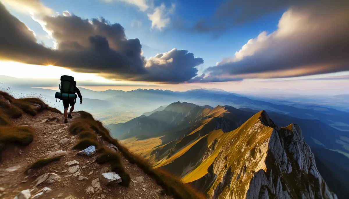 Silhouette of a traveler walking on a mountain trail with a vast landscape stretching into the distance, symbolizing long-distance travel and journey planning