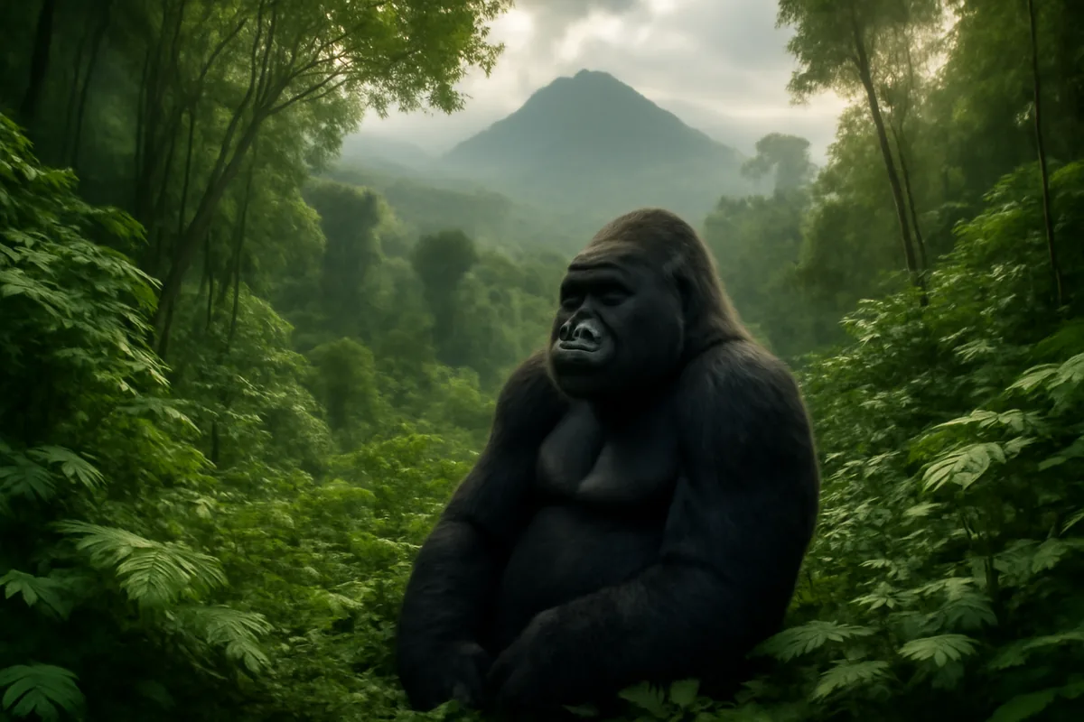 A majestic mountain gorilla sitting peacefully in Rwanda's lush green rainforest, with misty volcanic hills visible in the background through the dense jungle canopy