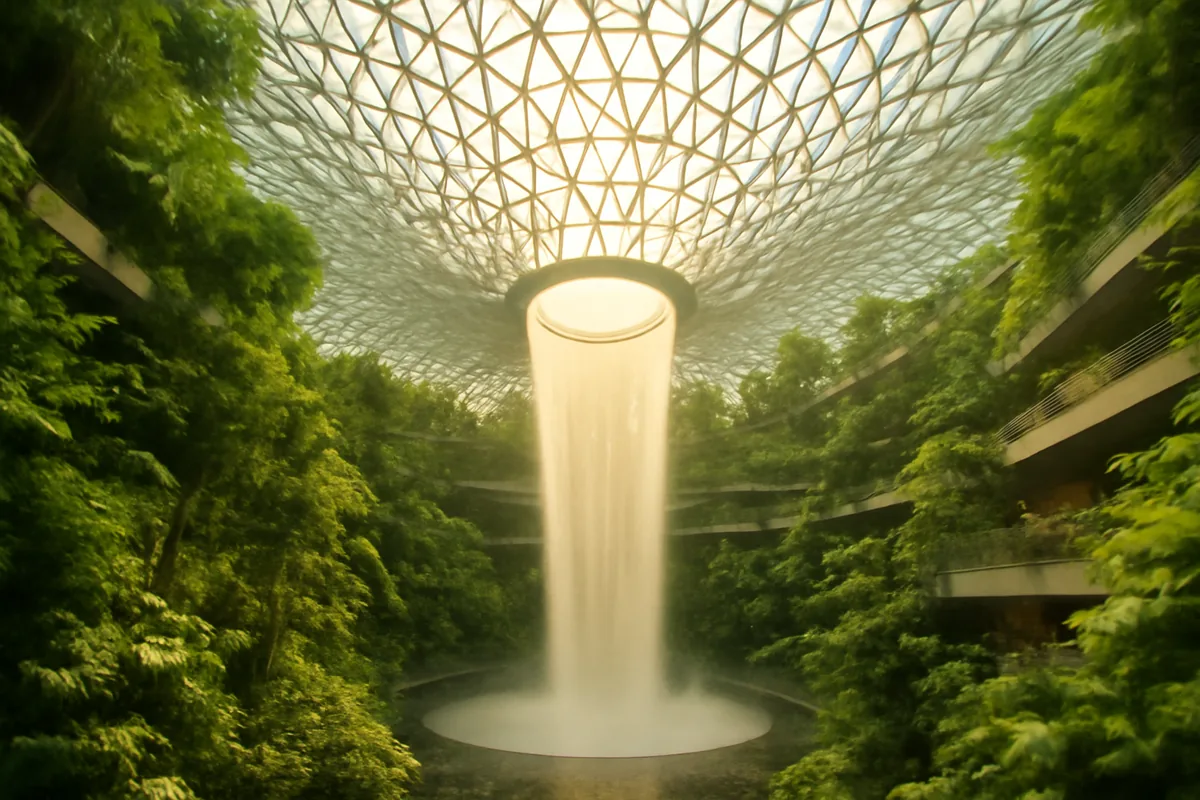 The stunning indoor waterfall and lush tropical garden inside Singapore's Changi Airport Jewel complex, viewed from below with light streaming through the glass dome ceiling