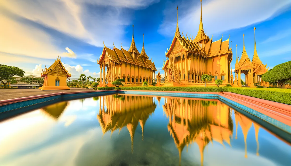Golden Buddhist temple with traditional Thai architecture reflecting in peaceful water during golden hour
