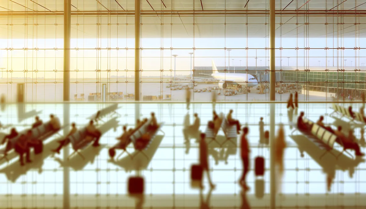 Airport terminal interior with travelers walking in silhouette against large windows, planes visible on tarmac outside during golden hour