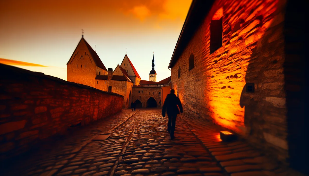 Golden hour view of Tallinn's medieval Old Town with cobblestone streets, historic architecture, and a traveler's silhouette walking through the atmospheric scene