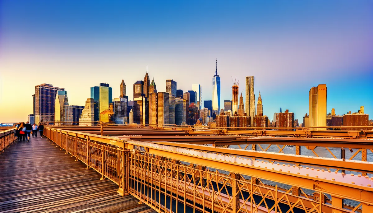 New York City skyline at sunset with Empire State Building and Manhattan skyscrapers viewed from Brooklyn Bridge