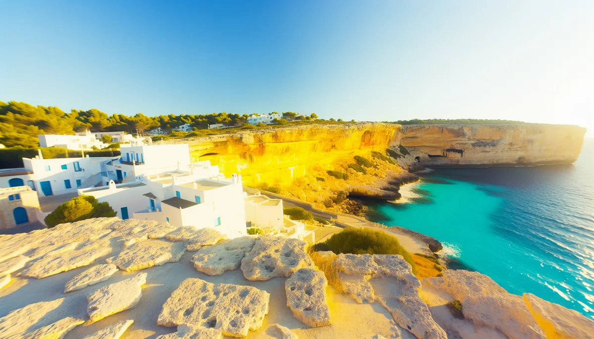 Breathtaking Mediterranean coastal view with turquoise waters, white cliffs, and traditional architecture under golden sunlight