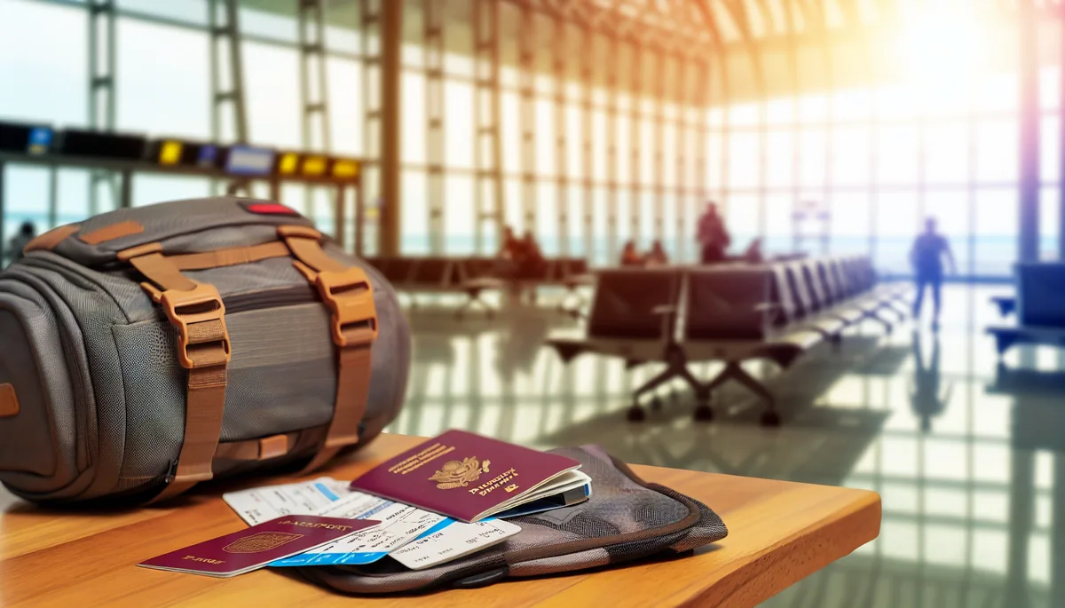 Travel essentials including backpack and passport arranged on airport table with soft natural lighting