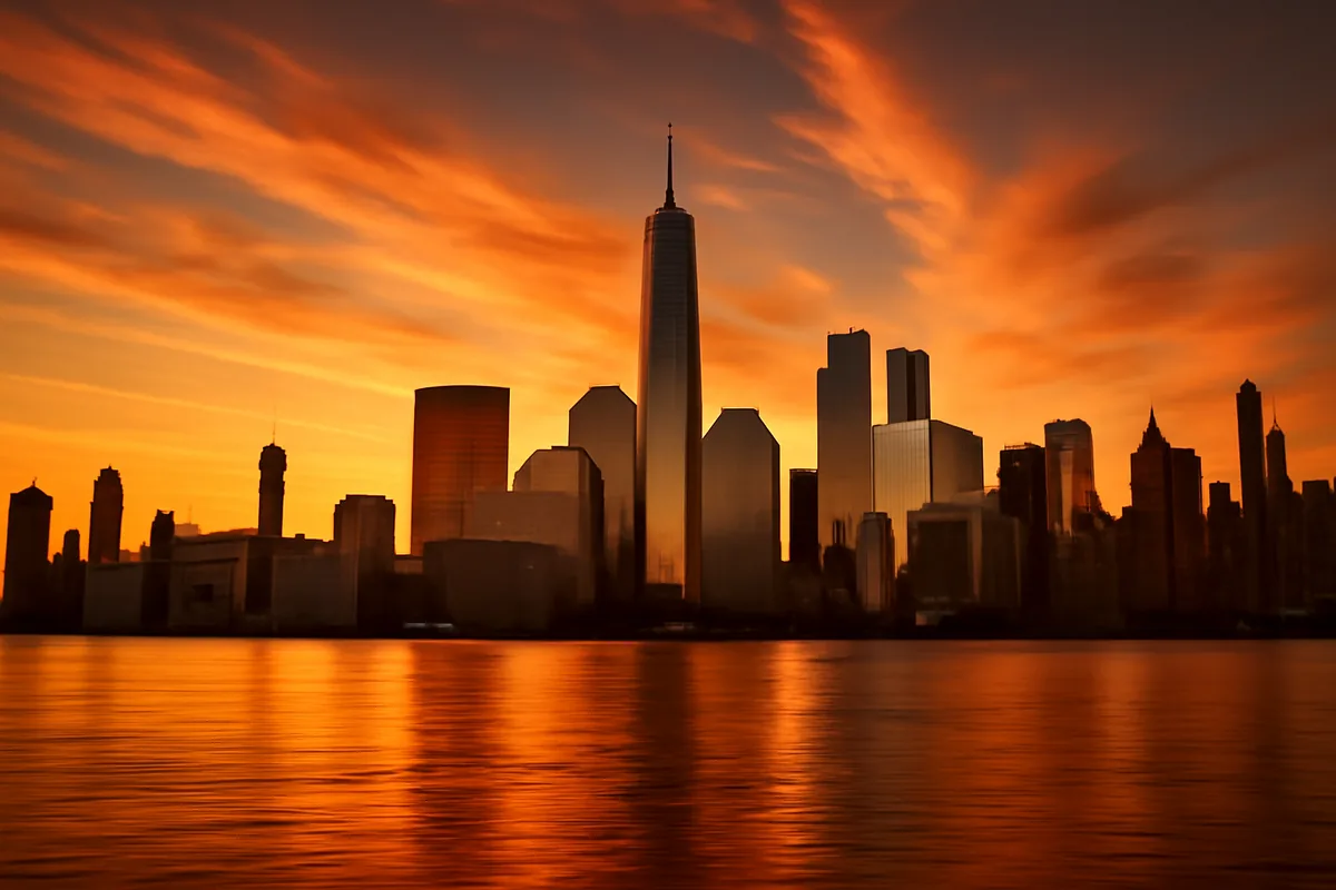 Golden sunset over Manhattan skyline reflected in the Hudson River, with iconic New York City skyscrapers bathed in warm amber light