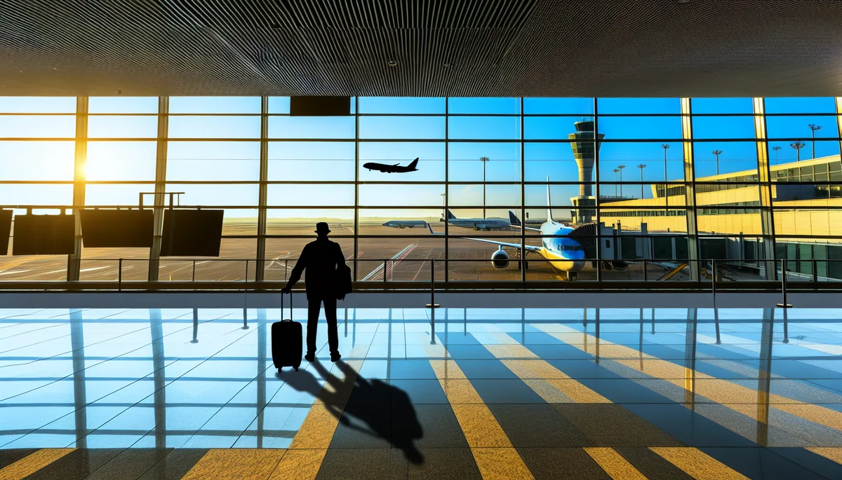 Silhouette of a traveler at an airport departure gate looking out at planes on the tarmac, representing international travel decisions