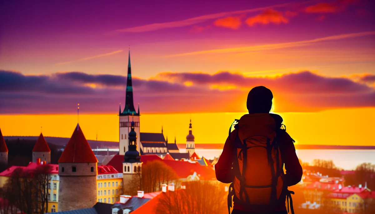 Silhouette of a traveler with backpack overlooking a European city skyline at sunset, with medieval architecture and modern buildings visible in the golden hour light