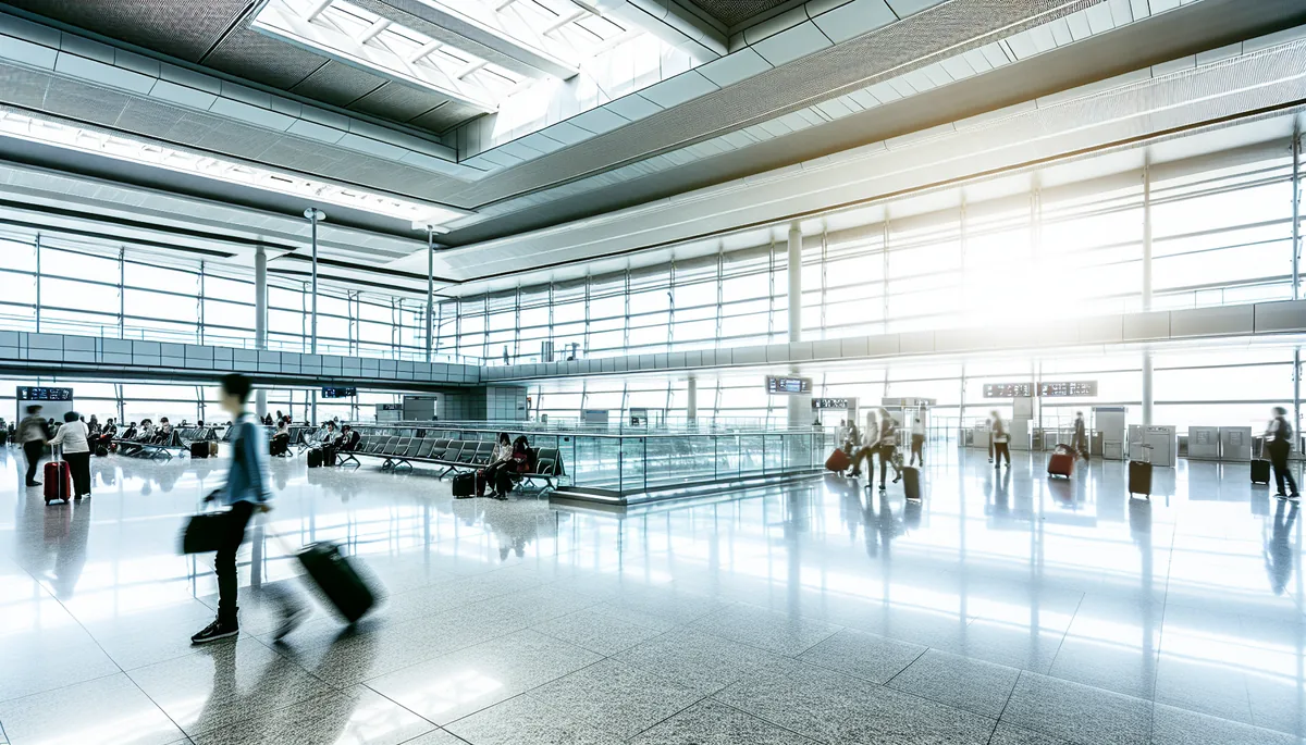 Modern airport terminal interior with travelers walking through a bright departure lounge with large windows and contemporary architecture
