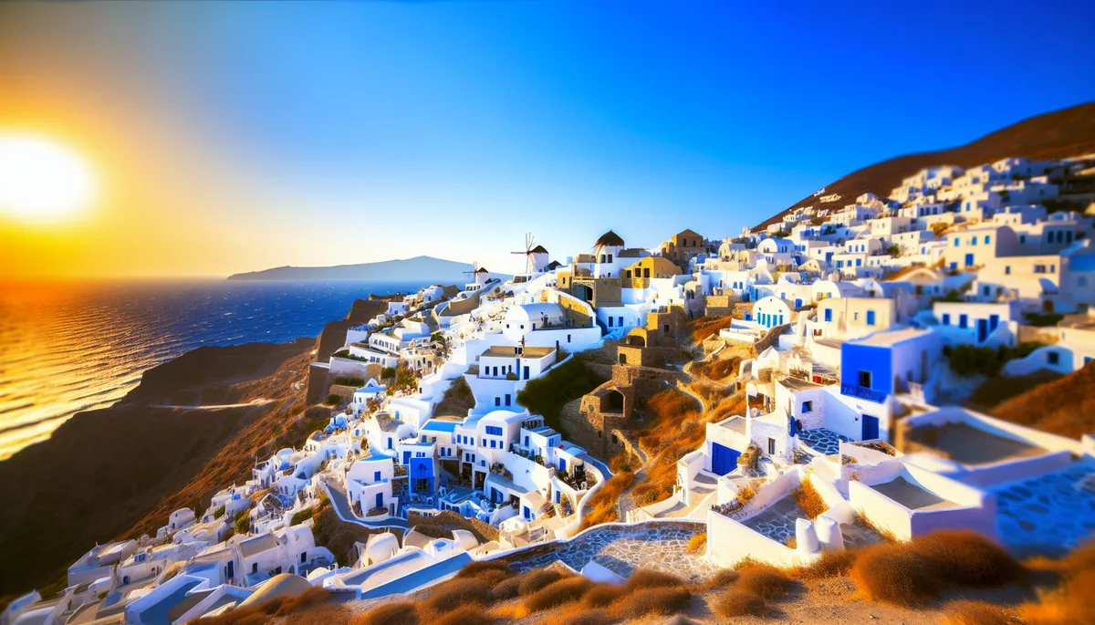 Picturesque Greek island village with traditional white buildings overlooking the blue Aegean Sea at golden hour