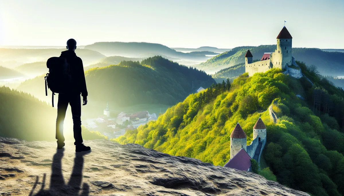 Silhouette of a traveler overlooking Estonian countryside with rolling hills, medieval castle, and morning mist in golden light