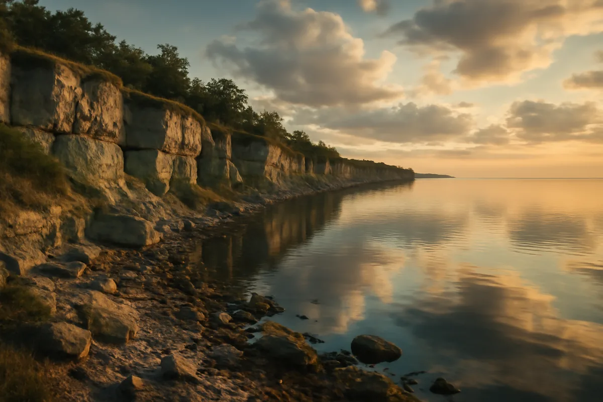 Golden hour view of Estonia's scenic Baltic Sea coastline with limestone cliffs and calm reflective waters under a dramatic sky
