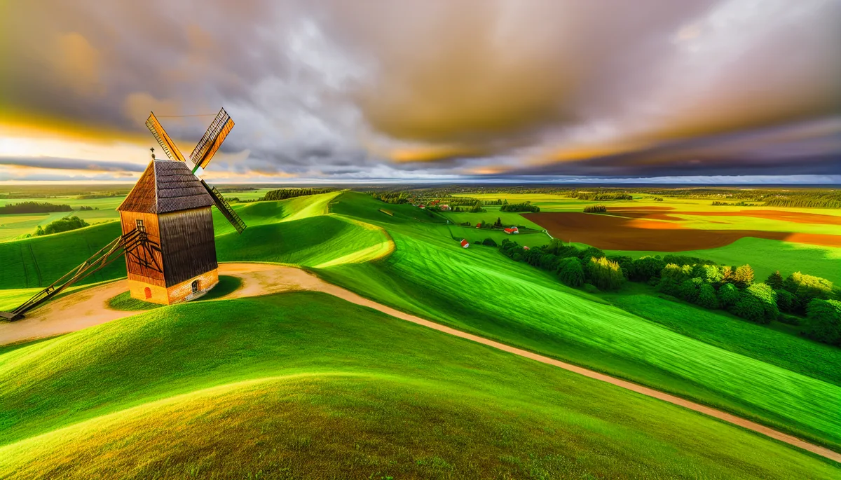Scenic Estonian countryside landscape with rolling green hills, traditional windmill, and dramatic golden hour sky