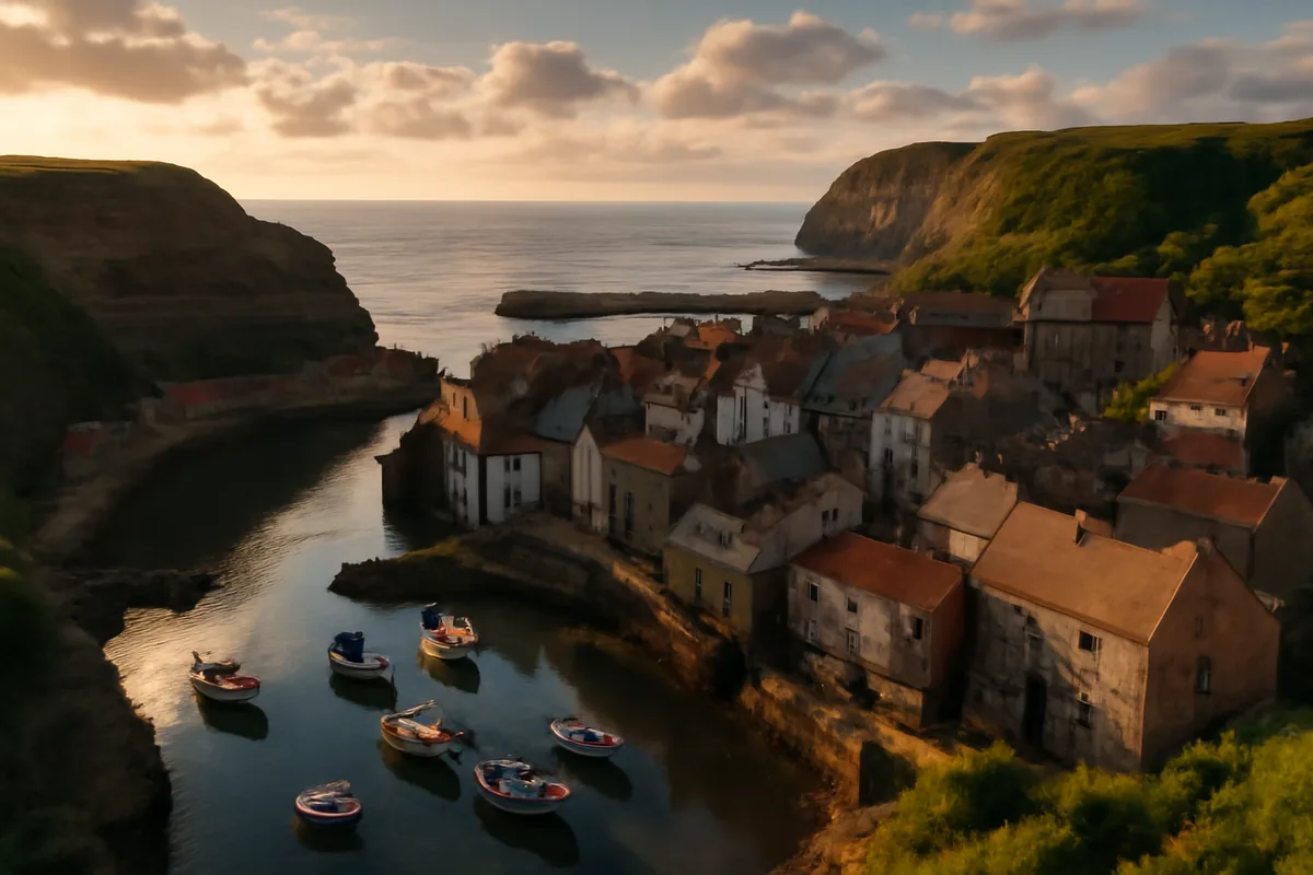A scenic coastal harbor in the Channel Islands with traditional stone buildings, colorful fishing boats, dramatic cliffs, and golden evening light reflecting on calm waters.