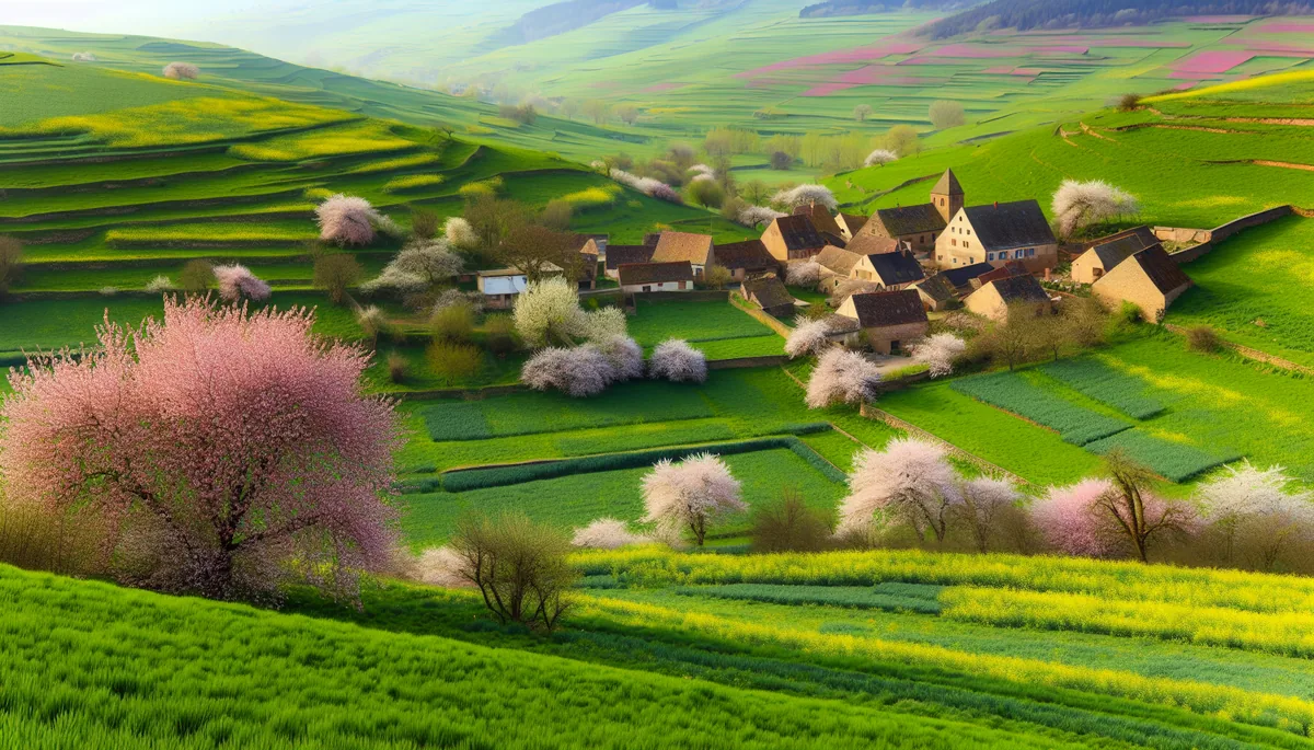 Spring European countryside with blooming flowers, rolling green hills, and a picturesque medieval village nestled in the valley under soft morning light
