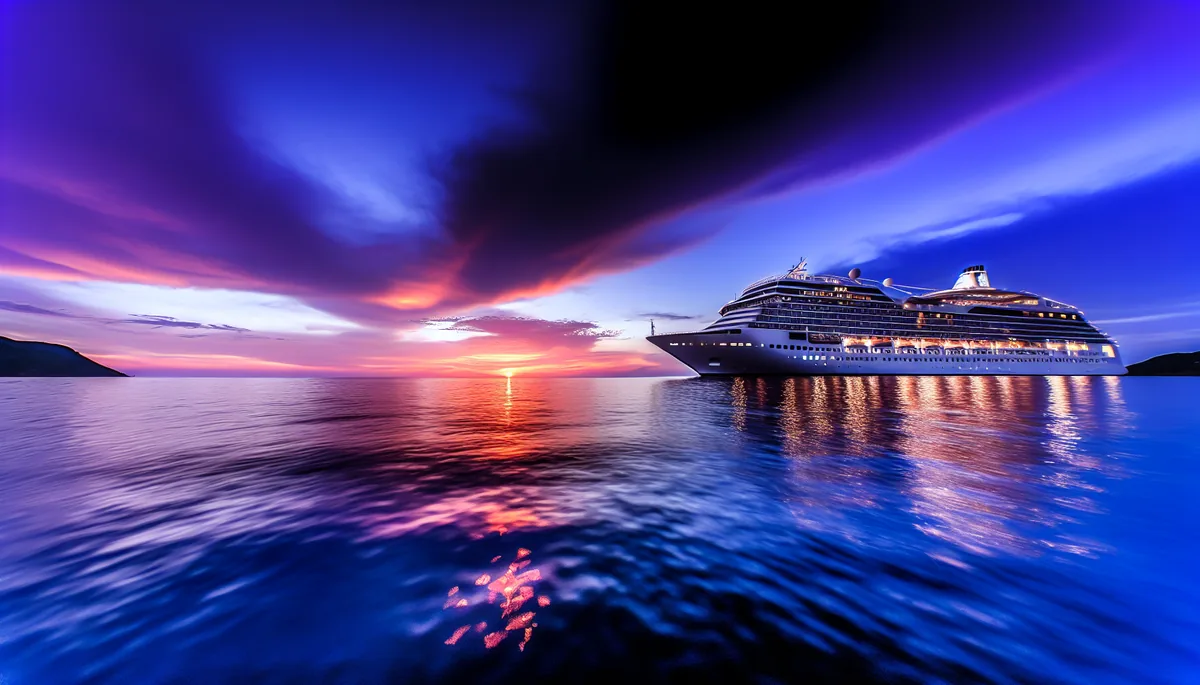 Luxury cruise ship sailing on calm ocean waters during a dramatic sunset with colorful sky