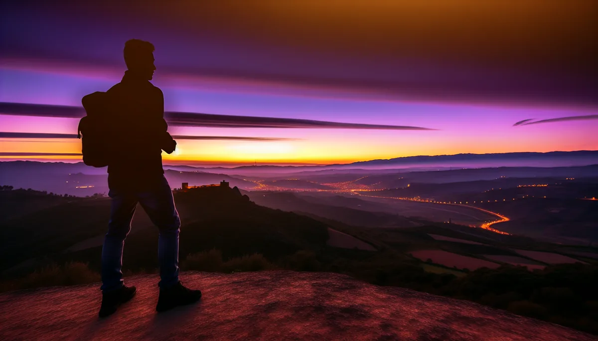 Silhouette of a traveler standing at a scenic European mountain viewpoint overlooking rolling hills and distant city lights during golden hour sunset