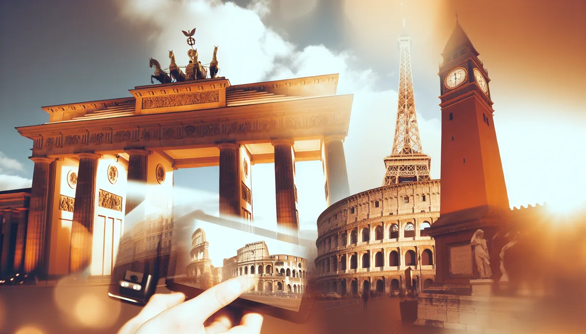 Dreamy montage of iconic European landmarks including Brandenburg Gate, Eiffel Tower, and Colosseum bathed in golden hour light