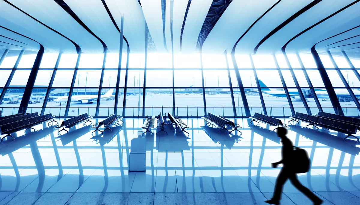 Silhouette of a traveler walking through a modern airport terminal with large windows showing aircraft on the tarmac