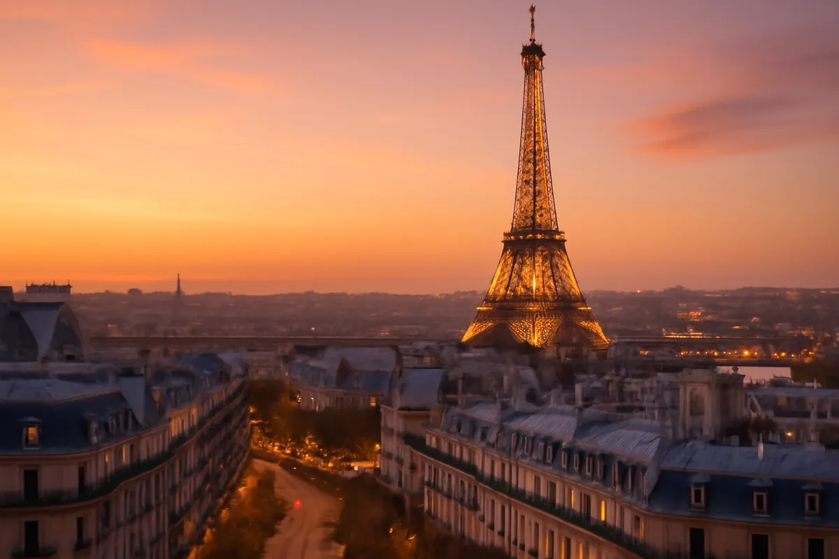 The Eiffel Tower standing tall above classic Parisian rooftops at golden hour, with warm amber skies and the Seine river visible in the background