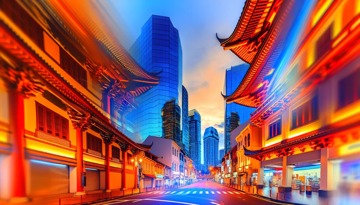 Modern Asian cityscape at golden hour showing mix of skyscrapers and traditional architecture with warm lighting and urban atmosphere