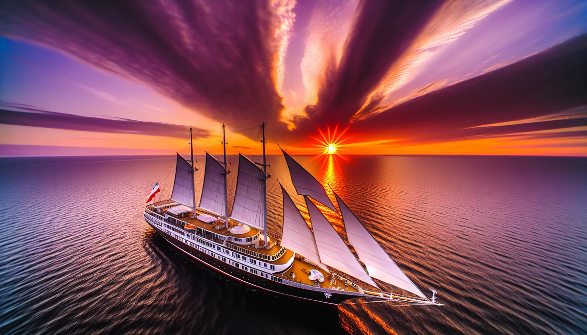 Luxury cruise ship sailing on calm waters during a golden sunset with dramatic orange and purple sky colors reflecting on the sea surface
