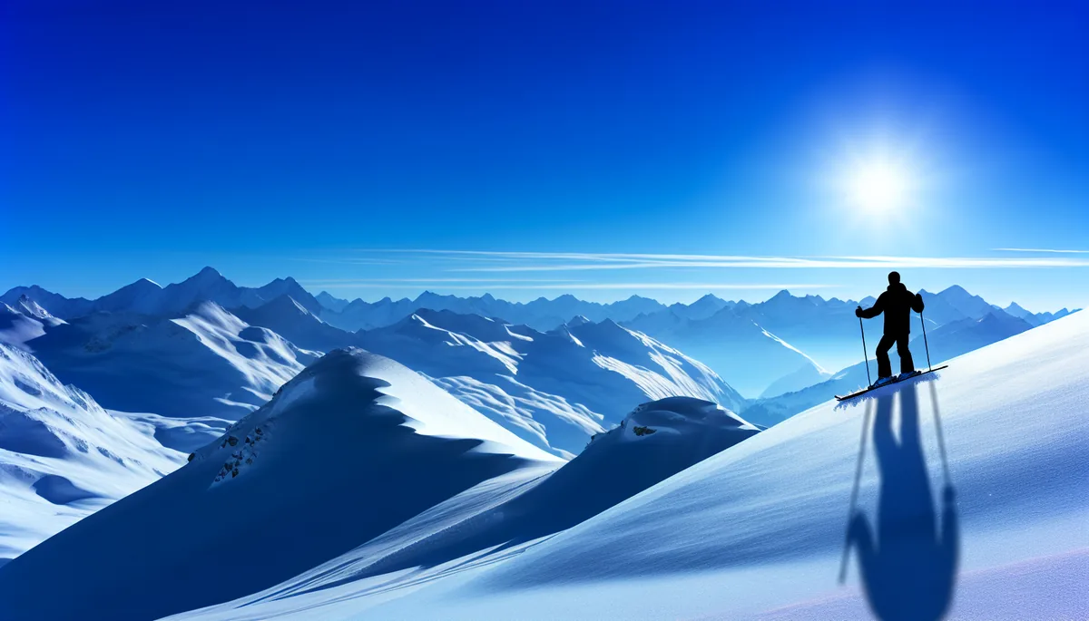 Silhouette of a skier standing on a snowy mountain peak with dramatic Alpine mountain ranges in the background under a clear blue sky