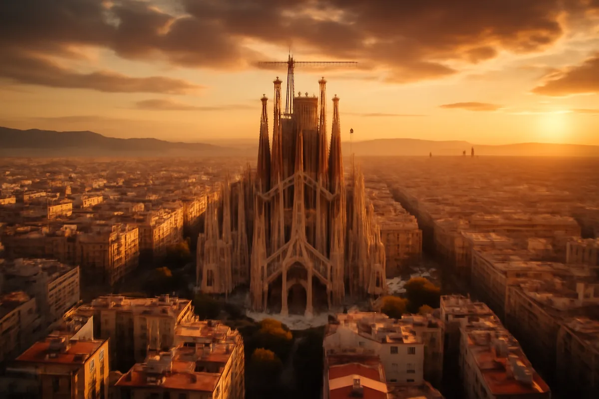 Aerial sunset view of Barcelona's Sagrada Familia cathedral with the city grid stretching into the horizon under a warm golden sky