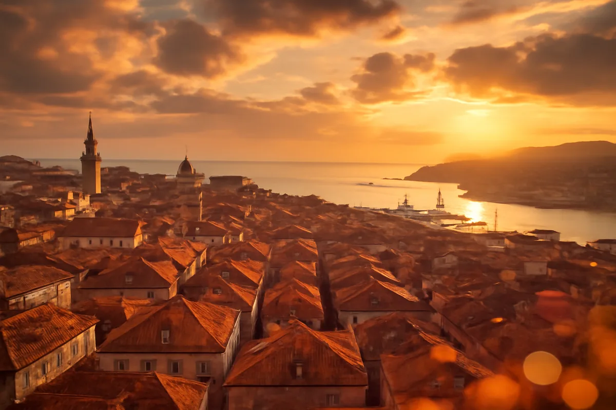 Aerial panoramic view of a European coastal city at golden hour, with warm amber light illuminating terracotta rooftops and a calm harbor in the distance
