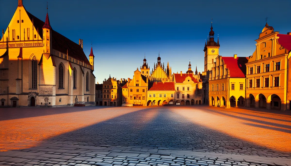 Historic European city center with medieval architecture, cobblestone streets, and Gothic buildings bathed in golden hour sunlight