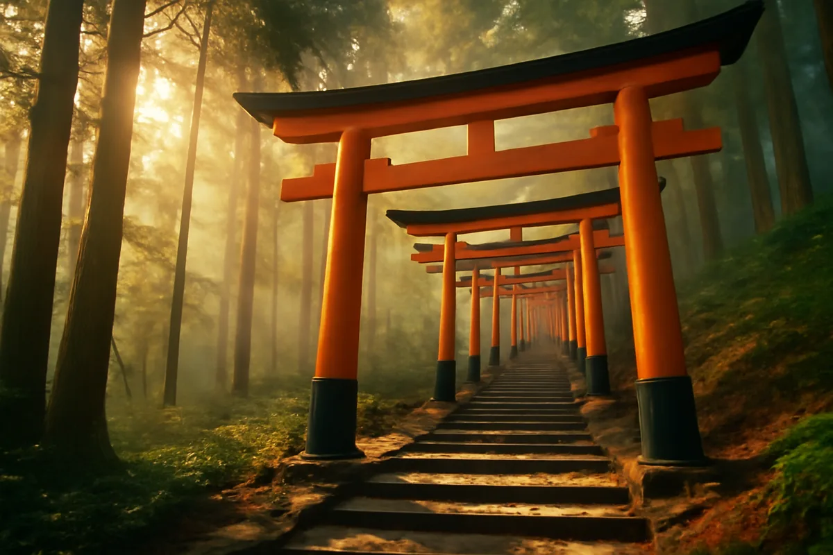 A serene pathway lined with traditional red torii gates ascending through a misty forested mountain in Japan, bathed in soft golden morning light