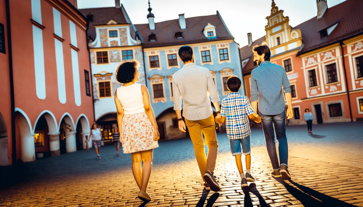 Family of four walking together through a picturesque European town square during golden hour, viewed from behind as silhouettes