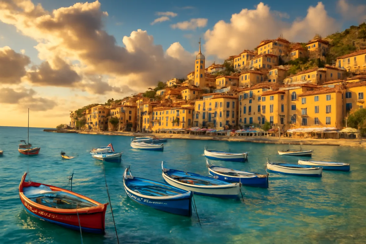 A stunning panoramic view of a Mediterranean coastal town with colorful boats in a turquoise harbor, terracotta rooftops, and warm golden afternoon sunlight.