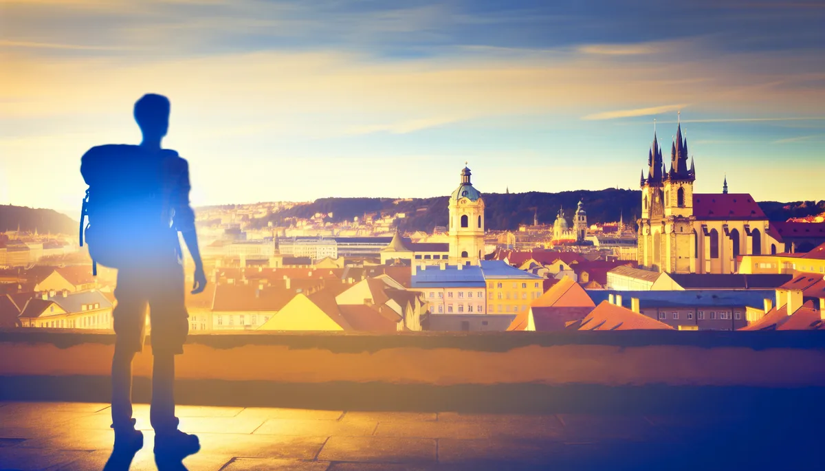 Silhouette of a traveler with backpack overlooking a European city skyline during golden hour, showing mix of historic and modern architecture