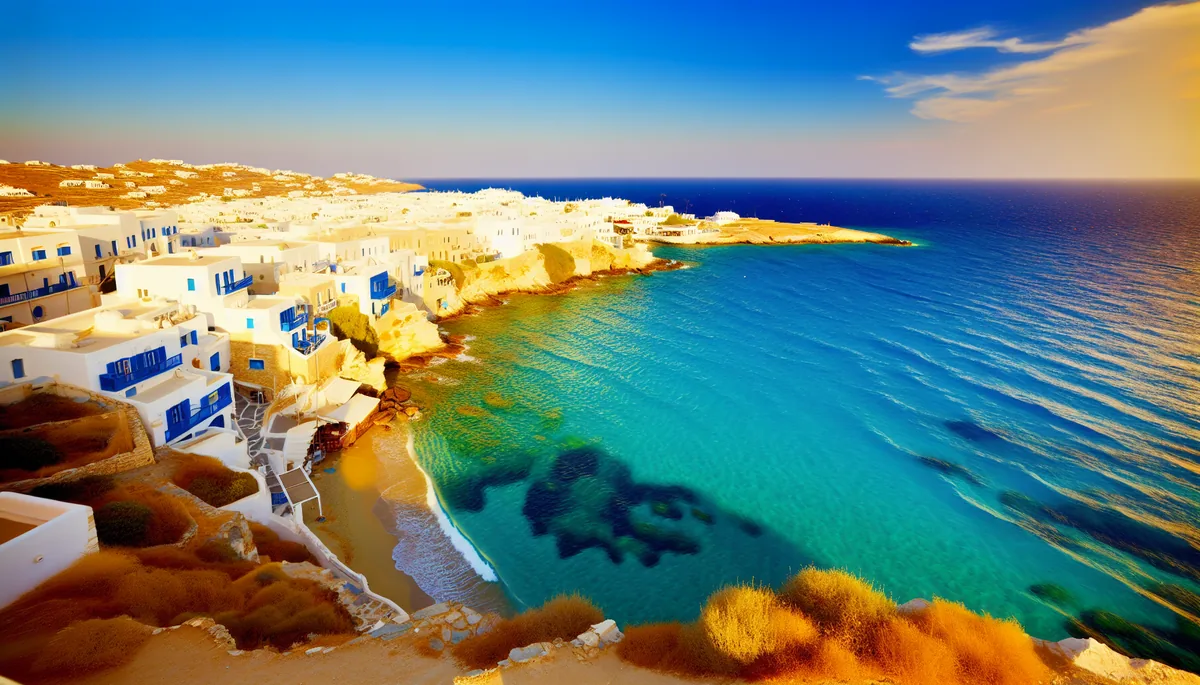 Beautiful Mediterranean coastal landscape with white buildings overlooking turquoise waters during golden hour, representing popular European summer vacation destinations