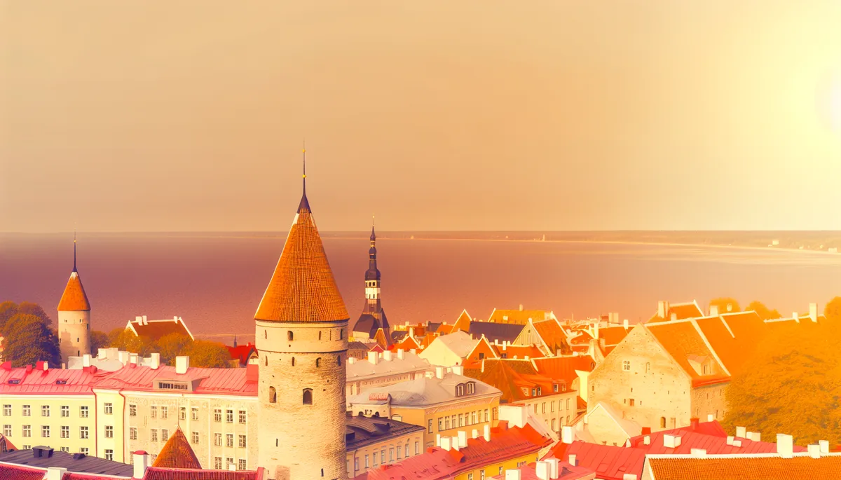 Panoramic view of Tallinn's medieval Old Town with its characteristic red-tiled rooftops and ancient towers, overlooking the Baltic Sea during golden hour